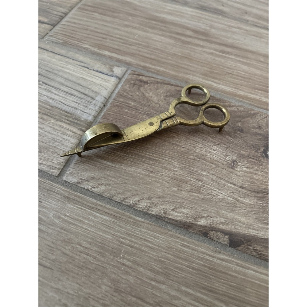 Vintage Brass Candle Scissor Snuffer Wick Cutter with 3 Leg Stand Gold 6in